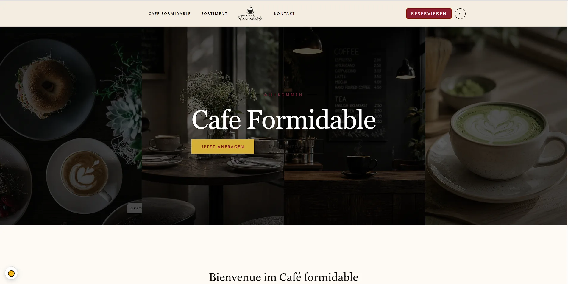 Demo-Website Café Formidable: Startseite mit Bildergalerie, Reservieren-Button und Dark-Mode-Schalter