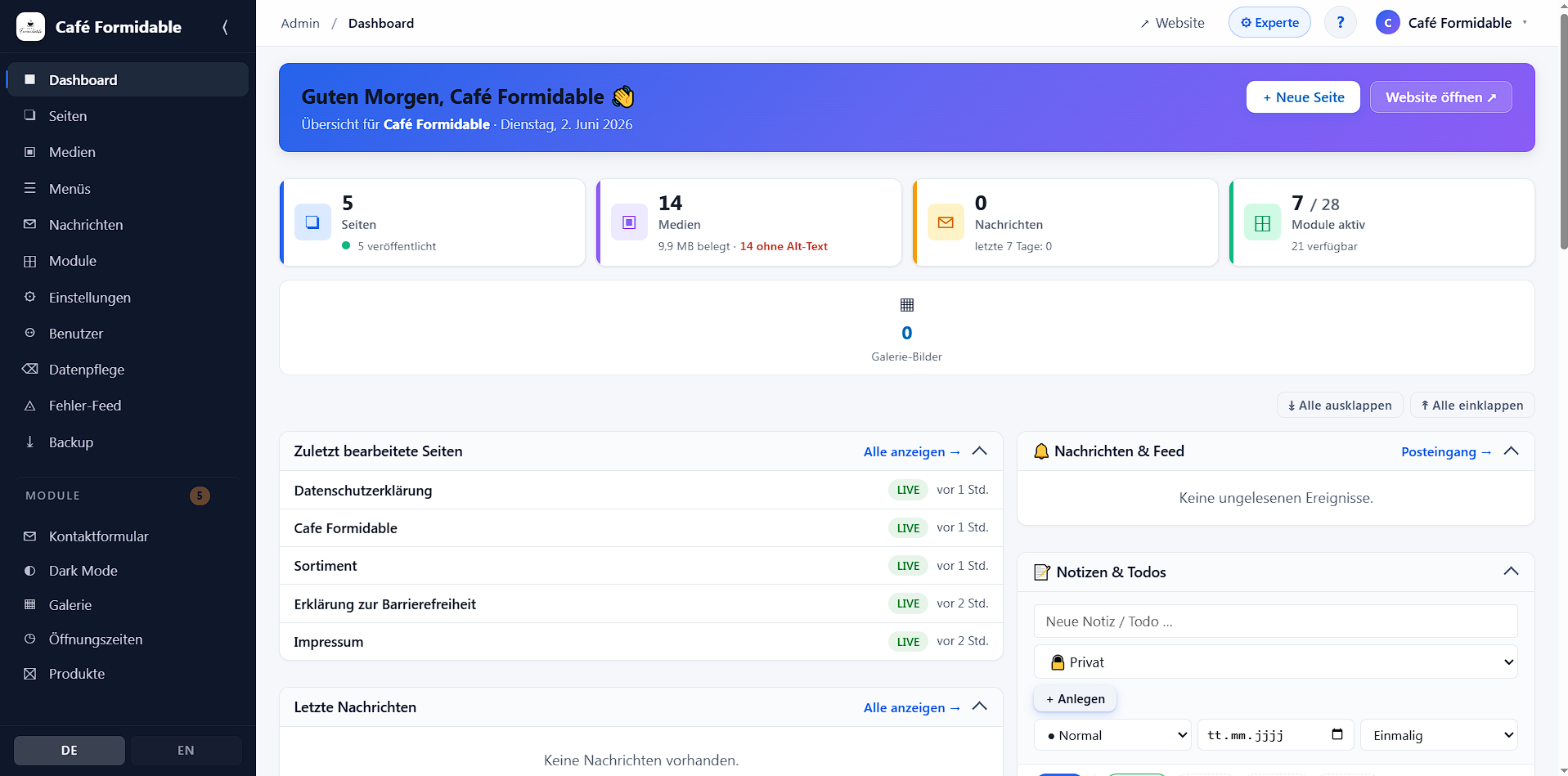 Dashboard des EH-Modulators: Übersicht über Seiten, Medien, Nachrichten und aktive Module